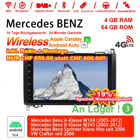 9 Zoll Android 12.0 4G LTE Autoradio 4GB RAM 64GB ROM Für BENZ A-Klasse W169, B-Klasse W245, Sprinter Viano Vito, VW Built-in Carplay / Android Auto