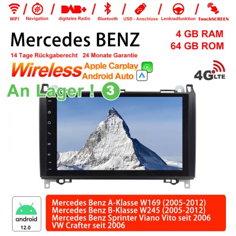 9 Zoll Android 12.0 4G LTE Autoradio 4GB RAM 64GB ROM Für BENZ A-Klasse W169, B-Klasse W245, Sprinter Viano Vito, VW Built-in Carplay / Android Auto