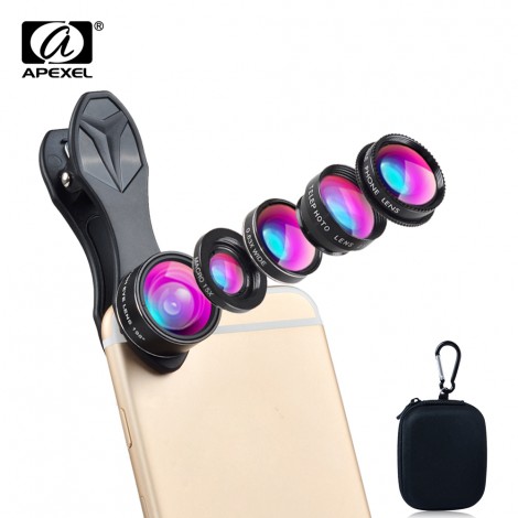 APEXEL 5 in 1 kamera objektiv Kit universal Fisheye weitwinkel makro Objektiv 2x teleskop und CPL für iPhone 5 S 6 6 S Xiaomi