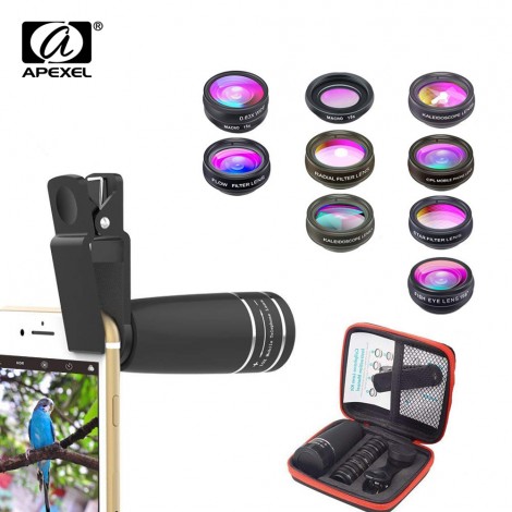 APEXEL 10 in 1 Handy Objektiv Teleobjektiv Fisheye Objektiv Weitwinkel Makroobjektiv + CPL / Flow / Radial / Star Filter für alle Smartphones
