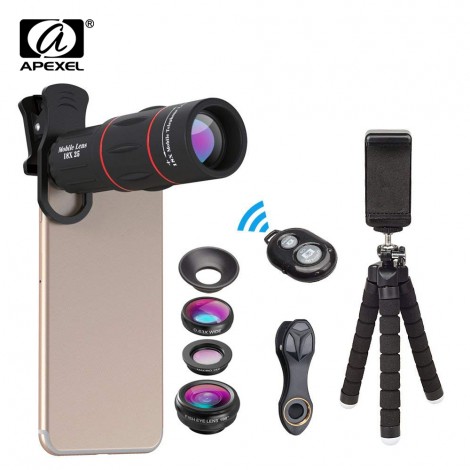APEXEL Telefon Objektiv Kit Fisheye Weitwinkel makro 18X teleskop Objektiv tele mit 3 in 1 objektiv für Samsung Huawei alle smartphones