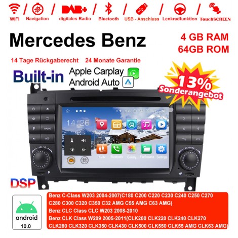 7 Zoll Android 10.0  Autoradio / Multimedia 4GB RAM 64GB ROM Für c-klasse W203 2004-2007 Clk W209 2005 A-w168 1998 2002 Clk-c209 Built-in Carplay / Android Auto