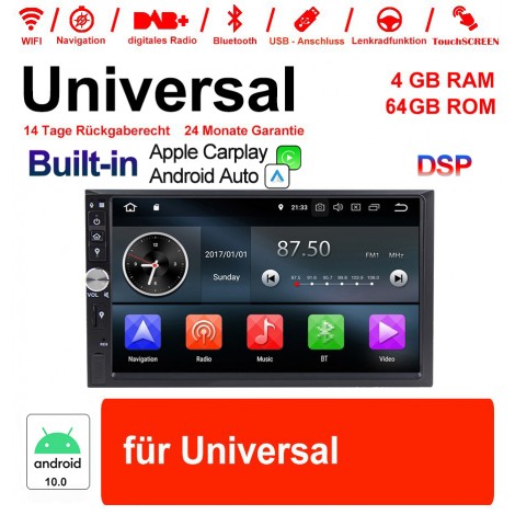 7'' 2 Din Android 10.0 Octa 8 Kern 4G RAM 64GB ROM Autoadio / Multimedia Player für Universal GPS Navigation Stereo Radio WIFI MP3 Bluetooth USB SWC Built-in Carplay / Android Auto