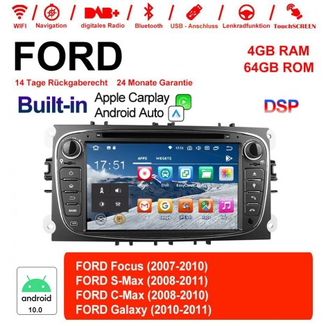 7 Zoll Android 10.0 Autoradio / Multimedia 4GB RAM 64GB ROM Für Ford Focus II Mondeo S-Max MIT dem verbauten DSP ( Digital Sound Prozessor ) und Bluetooth 5.0 Built-in Carplay / Android Auto