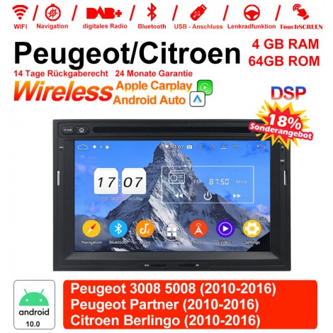 7 Zoll Android 12.0 Autoradio/Multimedia 4GB RAM 64GB ROM Für Peugeot 3008 5008 Partner / Citroen Berlingo Mit WiFi NAVI Bluetooth USB