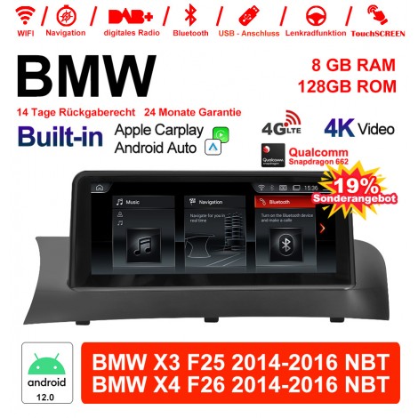 10.25 Zoll Qualcomm Snapdragon 665 8 Core Android 12.0 4G LTE Autoradio / Multimedia USB WiFi Navi Carplay Für BMW X3/X4 F25/26 (2014-2016) NBT