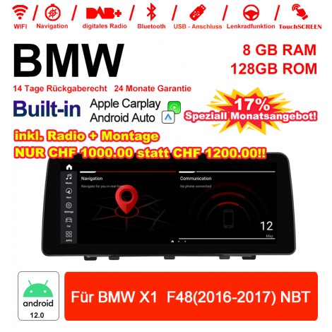 12.3 Zoll Qualcomm Snapdragon 662 8 Core Android 12.0 4G LTE Autoradio / Multimedia USB Carplay Für BMW X1 F48 (2016-2017) NBT Mit WiFi