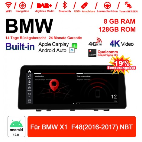 12.3 Zoll Qualcomm Snapdragon 665 8 Core Android 12.0 4G LTE Autoradio / Multimedia USB Carplay Für BMW X1 F48 (2016-2017) NBT Mit WiFi