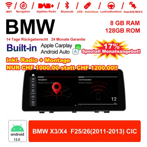 12.3 Zoll Qualcomm Snapdragon 665 8 Core Android 12.0 4G LTE Autoradio / Multimedia USB Carplay Für BMW X3/X4 F25/26 (2011-2013) CIC Mit WiFi