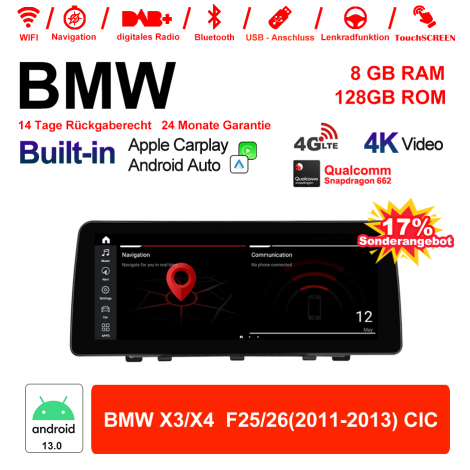 12.3 Zoll Qualcomm Snapdragon 662 8 Core Android 13.0 4G LTE Autoradio / Multimedia USB Carplay Für BMW X3/X4 F25/26 (2011-2013) CIC Mit WiFi