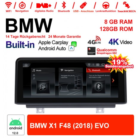 10.25 Zoll Qualcomm Snapdragon 665 8 Core Android 12.0 4G LTE Autoradio / Multimedia USB WiFi Navi Carplay Für BMW X1 F48 (2018) EVO 