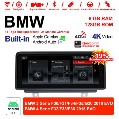 10.25 Zoll Qualcomm Snapdragon 665 8 Core Android 12.0 4G LTE Autoradio / Multimedia USB WiFi Navi Carplay Für BMW 3/4 Series (2018) EVO