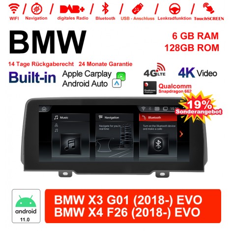 10.25 Zoll Qualcomm Snapdragon 665 8 Core Android 12.0 4G LTE Autoradio / Multimedia USB WiFi Navi Carplay Für BMW X3 G01/X4 F26(2018-) EVO