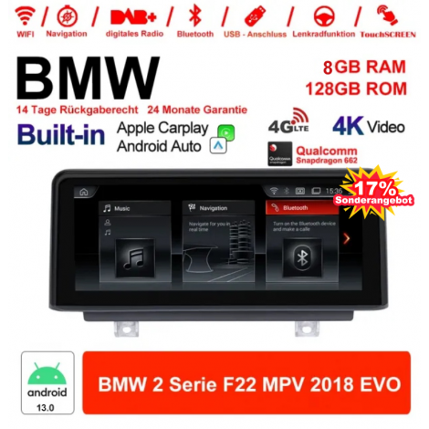 12.3 Zoll Qualcomm Snapdragon 662 8 Core Android 13.0 4G LTE Autoradio / Multimedia USB Carplay Für BMW 2 Series MPV (2018) EVO