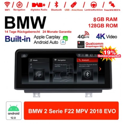12.3 Zoll Qualcomm Snapdragon 665 8 Core Android 12.0 4G LTE Autoradio / Multimedia USB Carplay Für BMW 2 Series MPV (2018) EVO