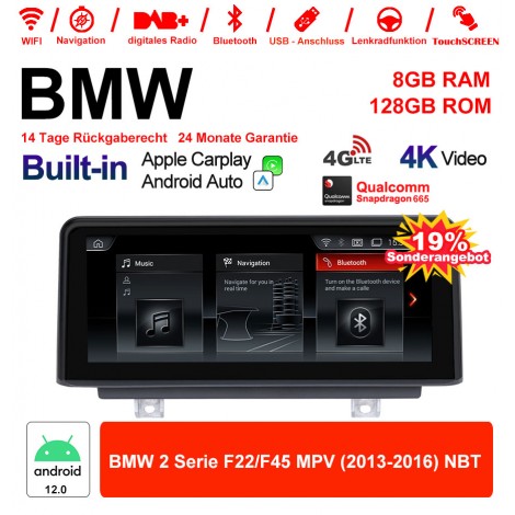 8.8 Zoll Qualcomm Snapdragon 665 8 Core Android 12.0 4G LTE Autoradio / Multimedia 8GB RAM 128GB ROM USB WiFi Carplay Für BMW 2 Series F22/F45 MPV NBT