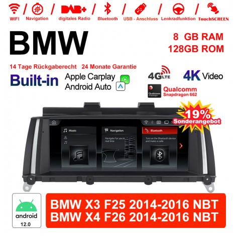 10.25 Zoll Qualcomm Snapdragon 665 8 Core Android 12.0 4G LTE Autoradio / Multimedia USB WiFi Navi Carplay Für BMW X3/X4 F25/26(2014-2016)NBT