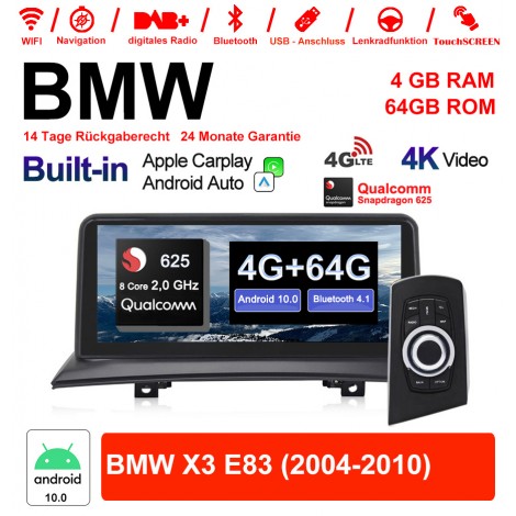 10.25 Zoll Qualcomm Snapdragon 625 (MSM8953) 8 Core A53 2.0 GHZ Android 10.0 Autoradio/Multimedia WiFi NAVI Bluetooth USB Carplay Für BMW X3 E83