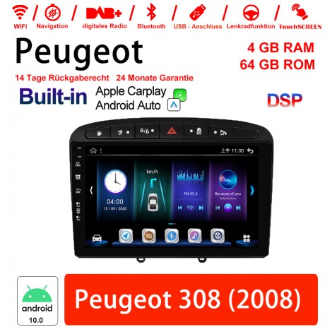 9 Zoll Android 10.0 Autoradio / Multimedia 4GB RAM 64GB ROM Für Peugeot 308 2008 Built-in carplay/android auto