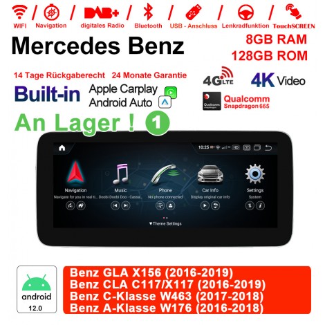 12.3" Qualcomm Snapdragon 665 Android 12.0 4G LTE Autoradio/Multimedia 8GB RAM 128GB ROM Für Benz GLA X156 CLA C117/X117 C-Klasse W463 A-Klasse W176 Built-in CarPlay