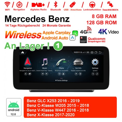 10.25 Zoll Snapdragon 665 8 Core Android 12.0 4G LTE Autoradio / Multimedia 8GB RAM 128GB ROM Für Benz GLC C-Klasse V-Klasse Built-in CarPlay