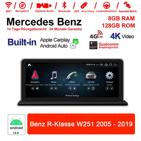 8.8 Zoll Snapdragon 665 8 Core Android 12.0 Autoradio / Multimedia 8GB RAM 128GB ROM Für Benz R-Klasse W251 2005-2017 Built-in CarPlay