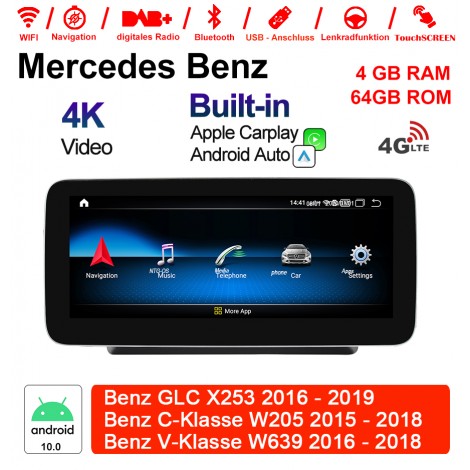 10.25 Zoll Qualcomm Snapdragon 625 （MSM8953） 8 Core Android 10.0 4G LTE Autoradio / Multimedia 4GB RAM 64GB ROM Für Mercedes Benz GLC X253 C-Klasse W205 V-Klasse W446 W447 W639 NTG5.0 Mit WiFi NAVI Bluetooth USB Built-in CarPlay