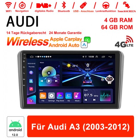 9 Zoll Android 12.0 4G LTE Autoradio / Multimedia 4GB RAM 64GB ROM Für Audi A3 2003-2012 Built-in Carplay