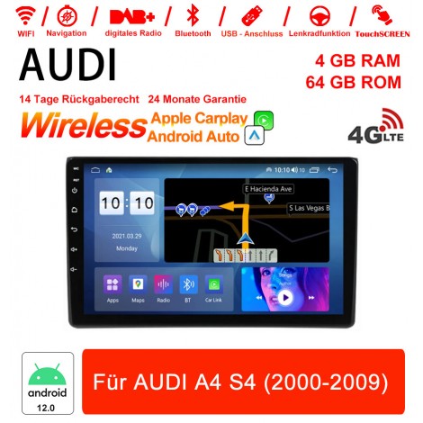 9 Zoll Android 12.0 4G LTE Autoradio / Multimedia 4GB RAM 64GB ROM Für Audi A4 S4(2000-2009)