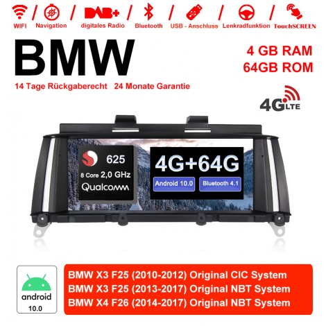 10.25 Zoll Qualcomm Snapdragon 625 (MSM8953) 8 Core A53 2.0 GHZ Android 10.0 4G LTE Autoradio / Multimedia 4GB RAM 64GB ROM Für BMW X3 F25 X4 F26 NBT/CIC Mit WiFi NAVI Bluetooth USB