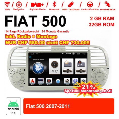 6.2 Zoll Android 10.0 Autoradio / Multimedia 2GB RAM 16GB ROM Für Fiat 500 2007-2011 Mit WiFi NAVI Bluetooth USB Weiß 