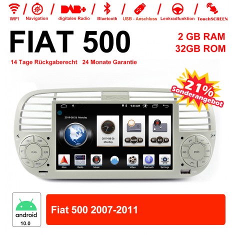 6.2 Zoll Android 10.0 Autoradio / Multimedia 2GB RAM 16GB ROM Für Fiat 500 2007-2011 Mit WiFi NAVI Bluetooth USB Weiß 