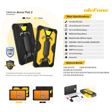 Ulefone Armor Pad 2 4G Android 13 11'' Robustes Tablet 18600mAh 16GB 256GB IP68/IP69K Wasserdicht 48MP+16MP Integriertes LED-Licht NFC Google Pay