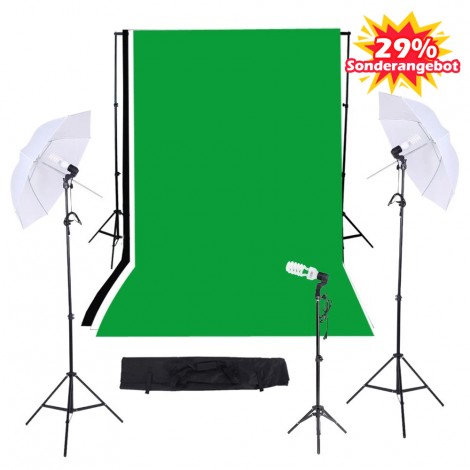 Foto / Video Studio Triple Beleuchtungs Set mit schwarzem Weiß Grün Muslins Backdrops + Kulisse Standmontage + Light Stand Background + 33in / 83cm Regenschirme + 45W E27 Studio Light Bulb + Swivel Sockel