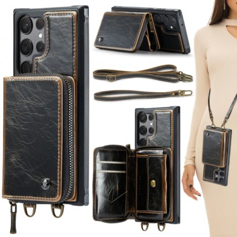 JEEHOOD C22 Serie Reißverschluss-Brieftaschen-Leder-Handyhülle mit Dual-Lanyard Für Samsung Galaxy S23 Ultra 5G