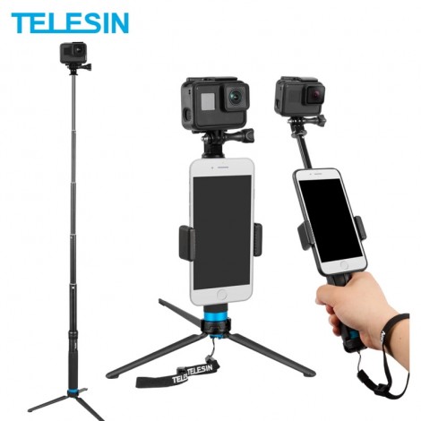 TELESIN Erweiterbar Aluminium Legierung Selfie Stick mit Stativ und Telefon Clip für GoPro Hero 5 6 7 8 9 10 insta360 Osmo Action SJCAM