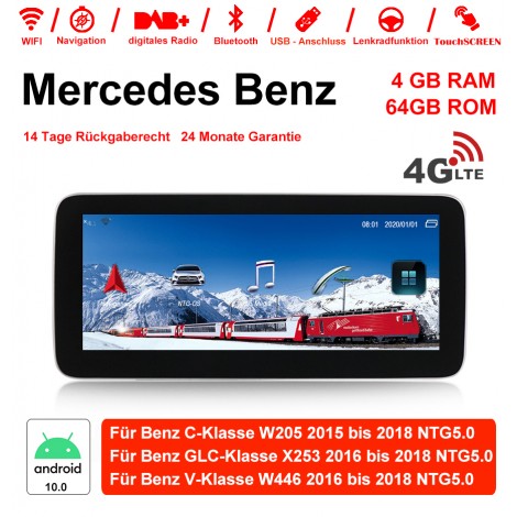 10.25 Zoll MTK8783 8 Core Android 10.0 4G LTE Autoradio / Multimedia 4GB RAM 64GB ROM Für Mercedes Benz C-Klasse GLC-Klasse V-Klasse Mit WiFi NAVI Bluetooth USB
