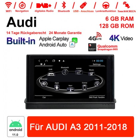 7 Zoll Qualcomm Snapdragon 665 8 Core Android 11.0  Autoradio / Multimedia 6GB RAM 128GB ROM Für AUDI A3 2011-2018 Built-in CarPlay