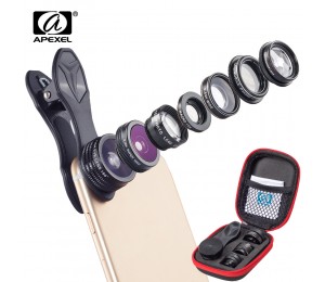 APEXEL 7 in 1 Telefonobjektiv Kit Fisheye Objektiv Weitwinkel Makroobjektiv CPL Filter Kaleidoskop und 2 fach Zoomobjektiv für Smartphones