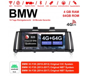 10.25 Zoll Qualcomm Snapdragon 625 (MSM8953) 8 Core A53 2.0 GHZ Android 10.0 4G LTE Autoradio / Multimedia 4GB RAM 64GB ROM Für BMW X3 F25 X4 F26 NBT/CIC Mit WiFi NAVI Bluetooth USB