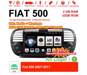 6.2 Zoll Android 10.0 Autoradio / Multimedia 2GB RAM 16GB ROM Für Fiat 500 2007-2011 Mit WiFi NAVI Bluetooth USB Schwarz