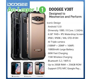 Doogee V30T 5G Android 12 6.58'' FHD Robuste Telefon 20GB RAM 256GB ROM Smartphone AI Triple Kamera 108MP 10800mAh Unterstützt OTG NFC Google Pay