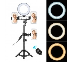 6 Zoll Desktop Mini LED Ringlicht 3000-6000K 3 Lichtmodi und dimmbare Helligkeit mit kabelloser Fernbedienung Stativstativ 3 Handyhalter Kamera-Beleuchtungskit für iPhone / Xs / XR / 8/8/7/7 Plus