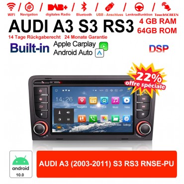7 Zoll Android 10.0 Autoradio / Multimedia 4GB RAM 64GB ROM  Für AUDI A3 (2003-2011) S3 RS3 RNSE-PU Built-in Carplay / Android Auto