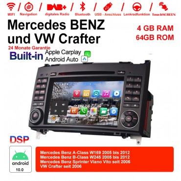 7 Zoll Android 10.0  Autoradio / Multimedia 4GB RAM 64GB ROM Für Mercedes BENZ A Klasse W169, B Klasse W245, Sprinter Viano Vito und VW Crafter Built-in Carplay / Android Auto