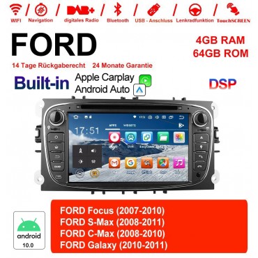 7 Zoll Android 10.0 Autoradio / Multimedia 4GB RAM 64GB ROM Für Ford Focus II Mondeo S-Max MIT dem verbauten DSP ( Digital Sound Prozessor )  und Bluetooth 5.0 Built-in Carplay / Android Auto