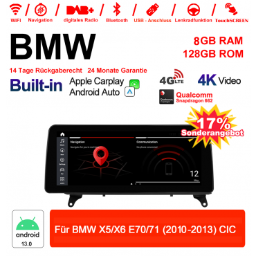12.3 Zoll Qualcomm Snapdragon 662 8 Core Android 13.0 4G LTE Autoradio / Multimedia USB WiFi Carplay Für BMW X5/X6 E70/71 (2011-2013) CIC 