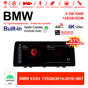 12.3 Zoll Qualcomm Snapdragon 662 8 Core Android 13.0 4G LTE Autoradio / Multimedia USB Carplay Für BMW X3/X4 F25/26 (2014-2016) NBT Mit WiFi