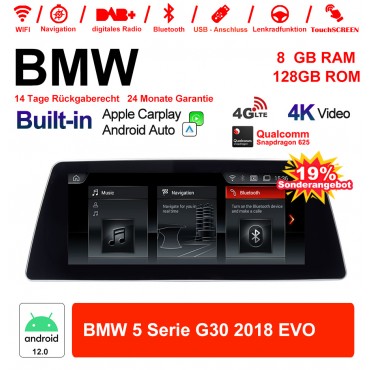 10.25 Zoll Qualcomm Snapdragon 665 8 Core Android 12.0 4G LTE Autoradio / Multimedia USB WiFi Navi Carplay Für BMW 5 Series G30 (2018) EVO