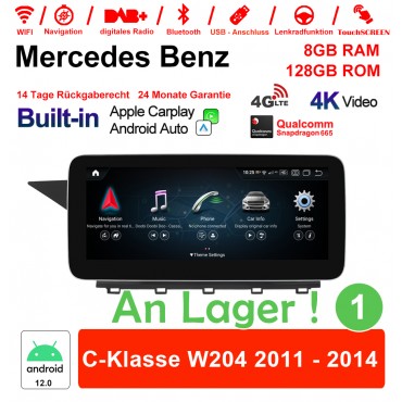 10.25 Zoll Snapdragon 665 8 Core Android 12.0 4G LTE Autoradio / Multimedia 8GB RAM 128GB ROM Für Benz C-Klasse W204 2011 - 2014 Built-in CarPlay